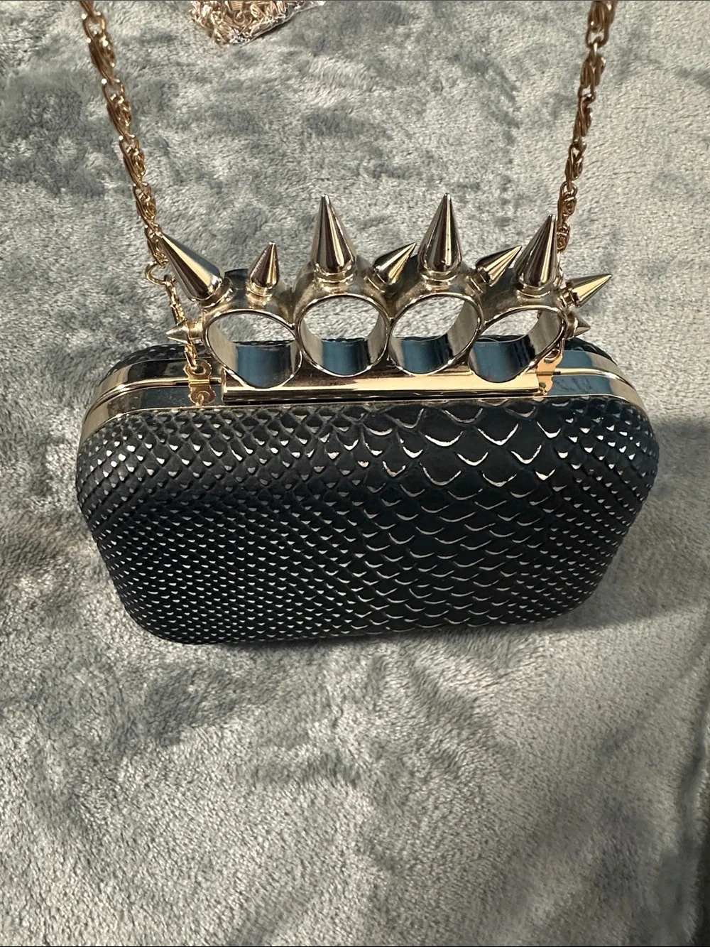 EUC Just Fabulous Studded Knuckle-Handle Black Clutch Bag w/Gold Chain